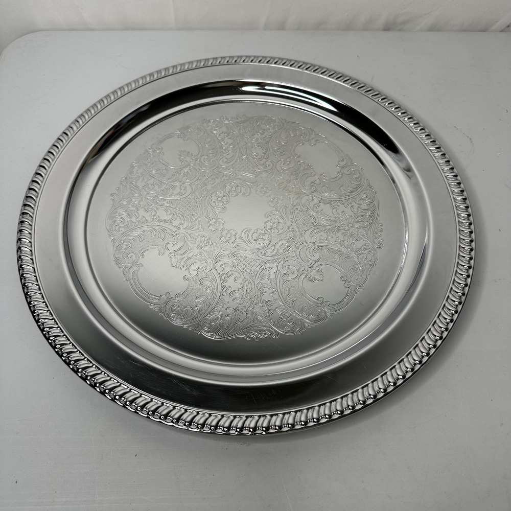 Vintage Shelton-Ware NYC 14.5" Etched Silver Chrome Serving Tray Gadroon Edge